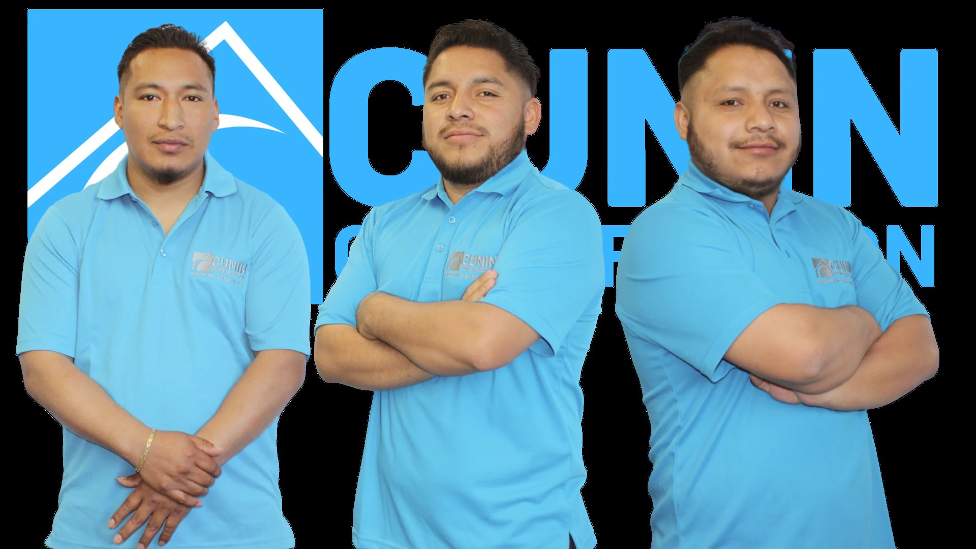 Three men in light blue polo shirts pose with arms crossed against a blue background with partial text visible