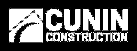 Cunin Construction logo with white text and geometric roof design icon on dark background