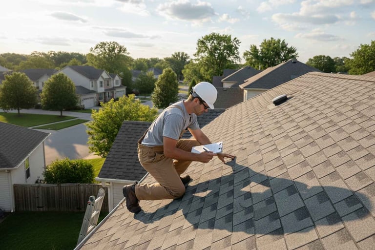 Roofer inspecting asphalt shingles on residential roof with suburban neighborhood visible below